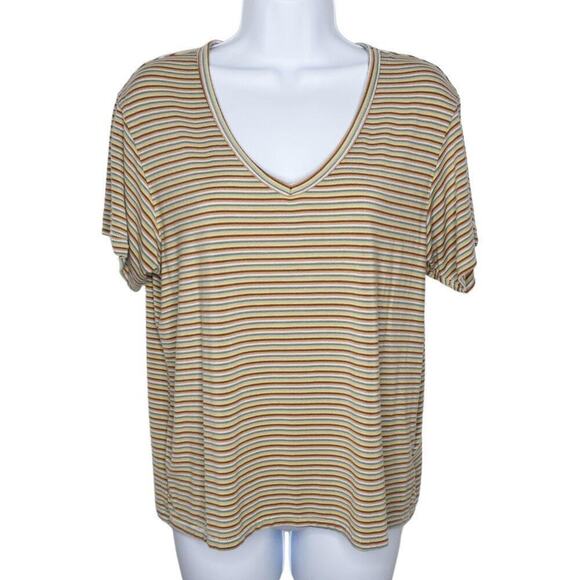 American Eagle Womens Tan Green Soft‎ & Sexy Striped Casual V-Neck Oversized Top - Picture 2 of 7